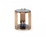 Glass and stainless steel round end table with shelf in rose gold and black, featuring a modern design and sleek finish.