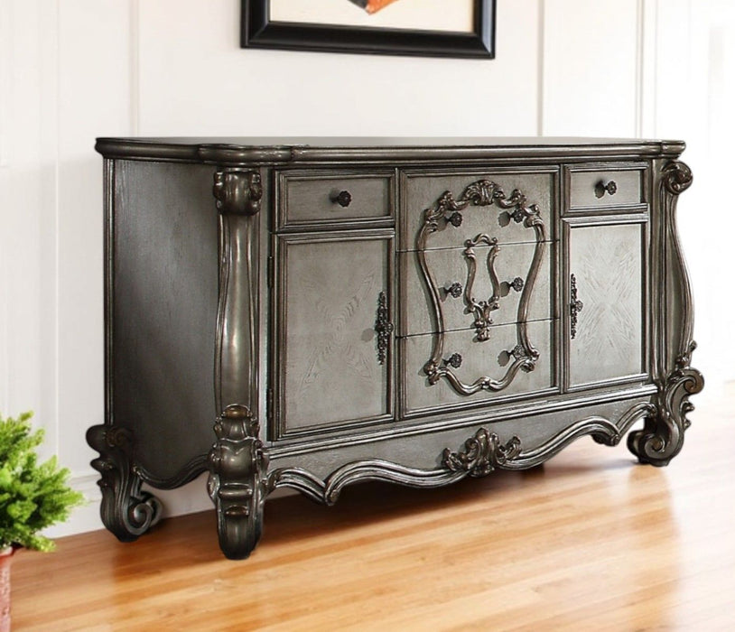 70" Carved Scrollwork Wood And Polyresin Five Drawer Triple Dresser - Platinum