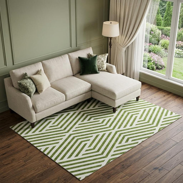 10' X 14' Geometric Washable Area Rug With UV Protection (648574) - Olive Green / Ivory