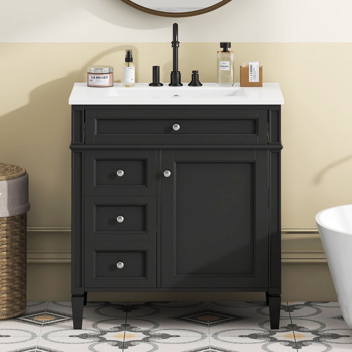 Giga bathroom vanity with top sink, two-drawer storage cabinet, and tip-out drawer, featuring modern white finish and sleek design.