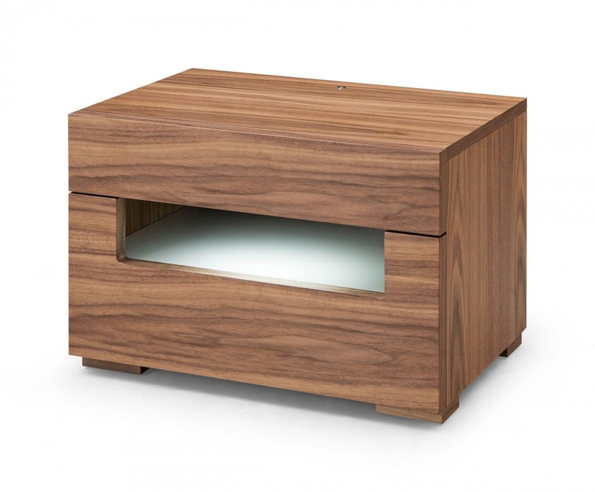 Dazzling Contemporary Led Nightstand With Two Drawers - Walnut