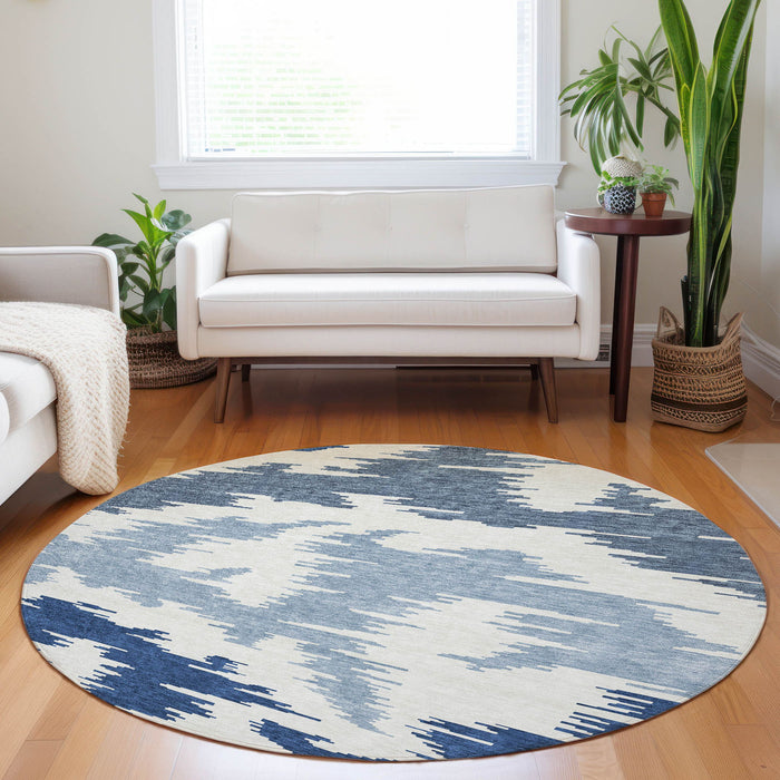 8' Abstract Washable Round Rug With UV Protection - Navy Blue / Ivory