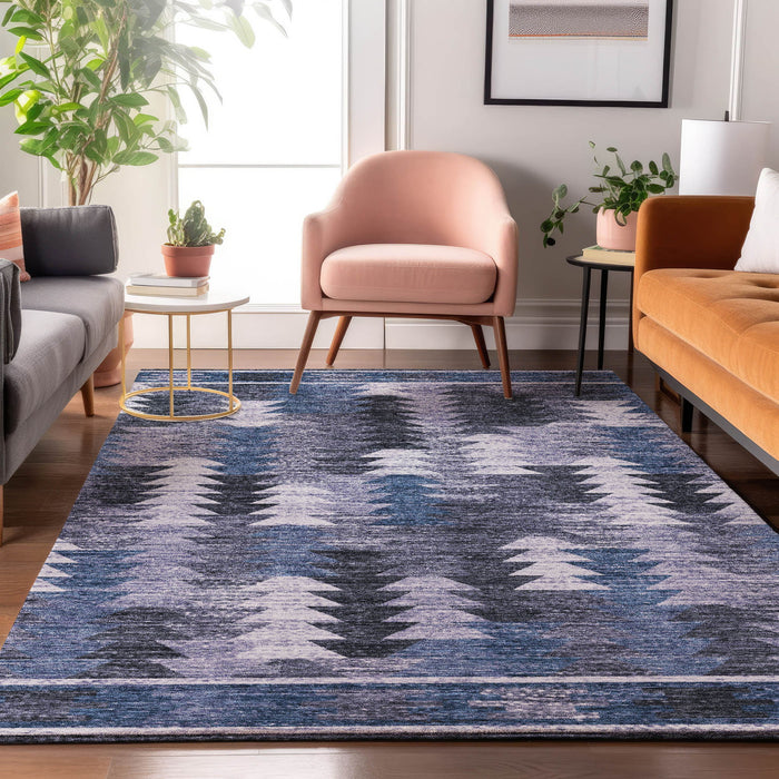 9' X 12' Southwestern Washable Area Rug With UV Protection - Blue / Ivory