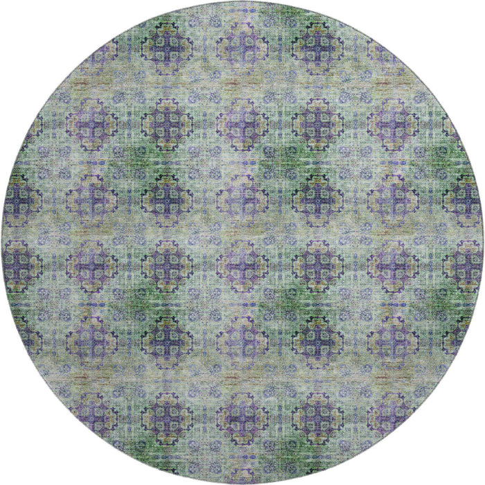 8' Floral Medallion Distressed Washable Round Rug With UV Protection (648943) - Purple / Green / Ivory