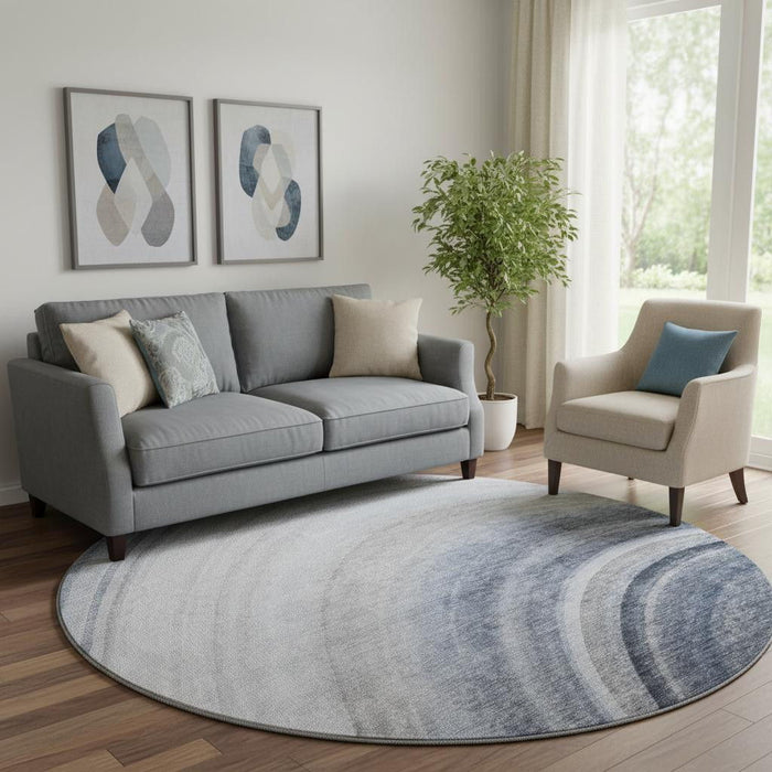 8' Ombre Washable Round Rug With UV Protection (650299) - Blue / Ivory / Gray