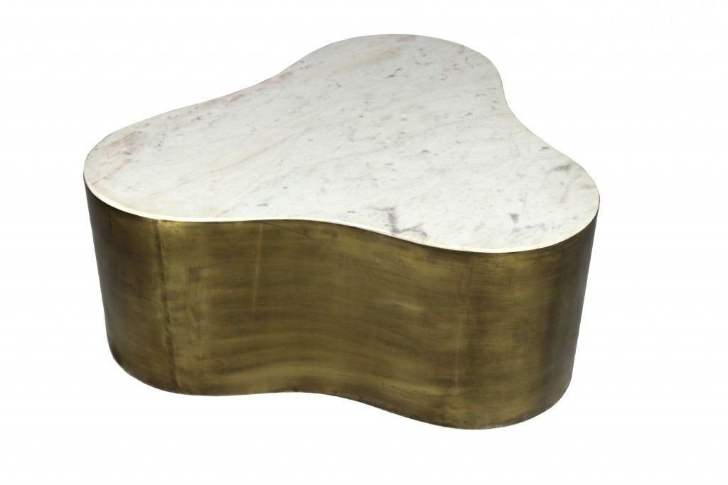 Brass Genuine Marble And Iron Free Form Solid Coffee Table - White