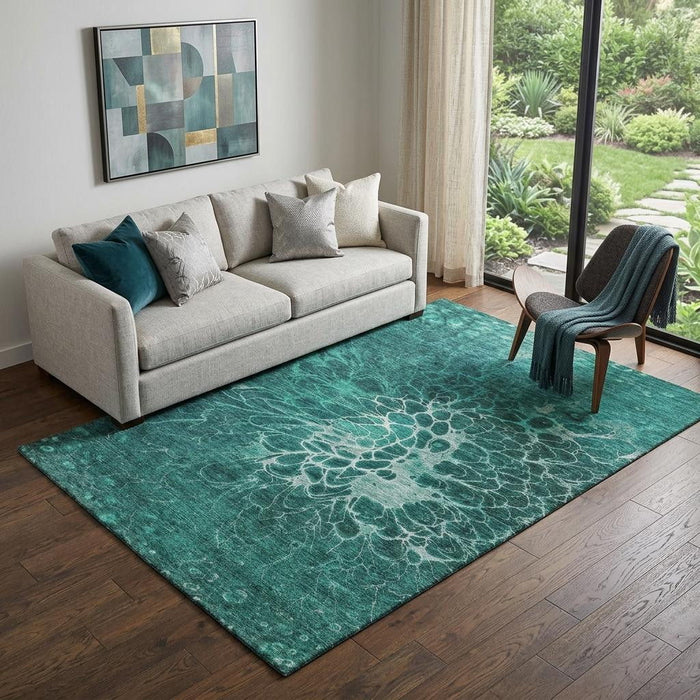 5' X 8' Abstract Washable Area Rug With UV Protection (654586) - Teal / Ivory