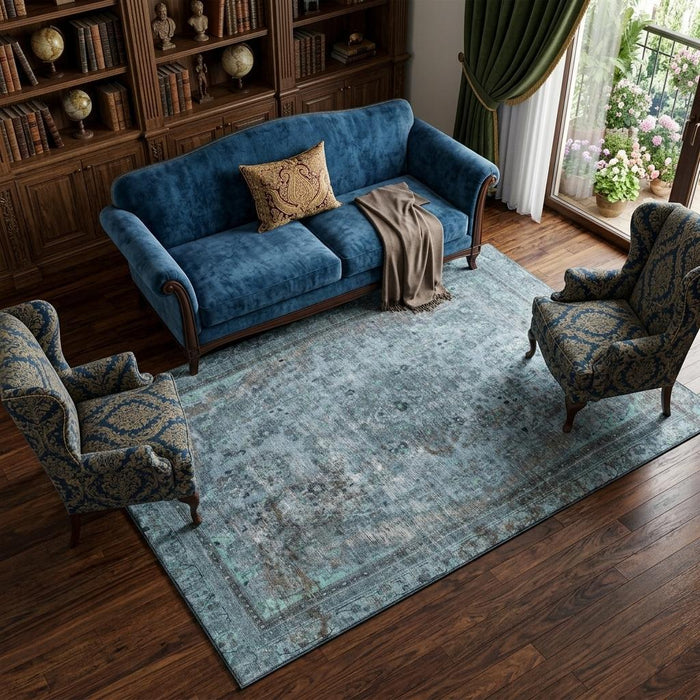 10' X 14' Floral Medallion Washable Area Rug With UV Protection (695894) - Blue / Gray / Silver