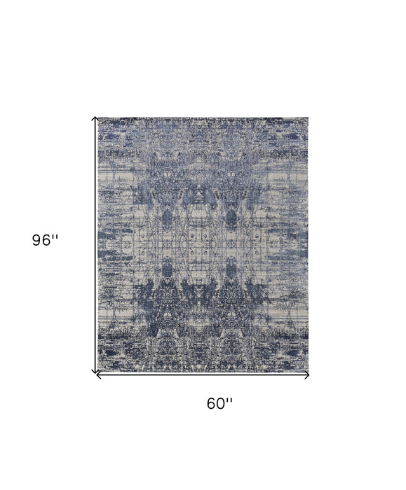 5' x 8' Abstract Hand Woven Worn Faded Area Rug - Blue And Ivory