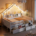 Giga house style platform storage bed with LED lights, built-in shelves, drawers, and guardrail in a modern bedroom setup.