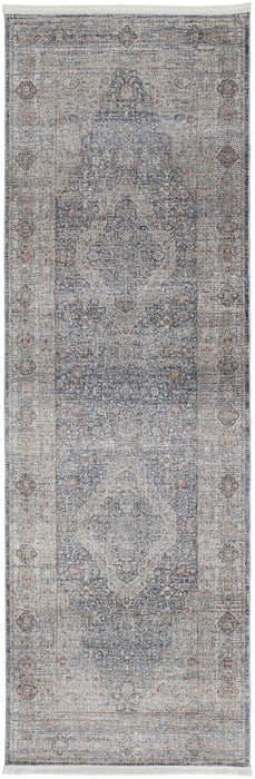 10' Oriental Power Loom Runner Rug With Fringe - Gray Blue And Red