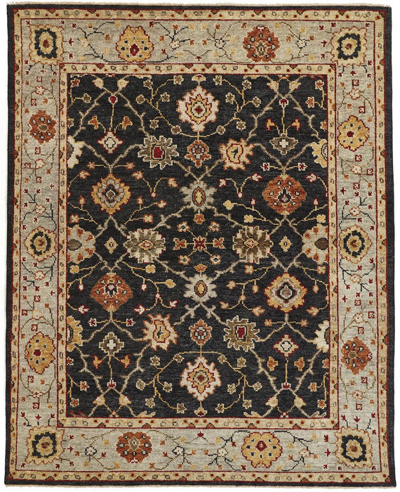 5' x 8' Wool Floral Hand Knotted Stain Resistant Area Rug With Fringe - Black Gold And Gray