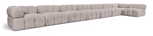 Meridian Furniture Orin velvet performance fabric 8-piece L-shaped sectional with plush cushions and modern upholstery.
