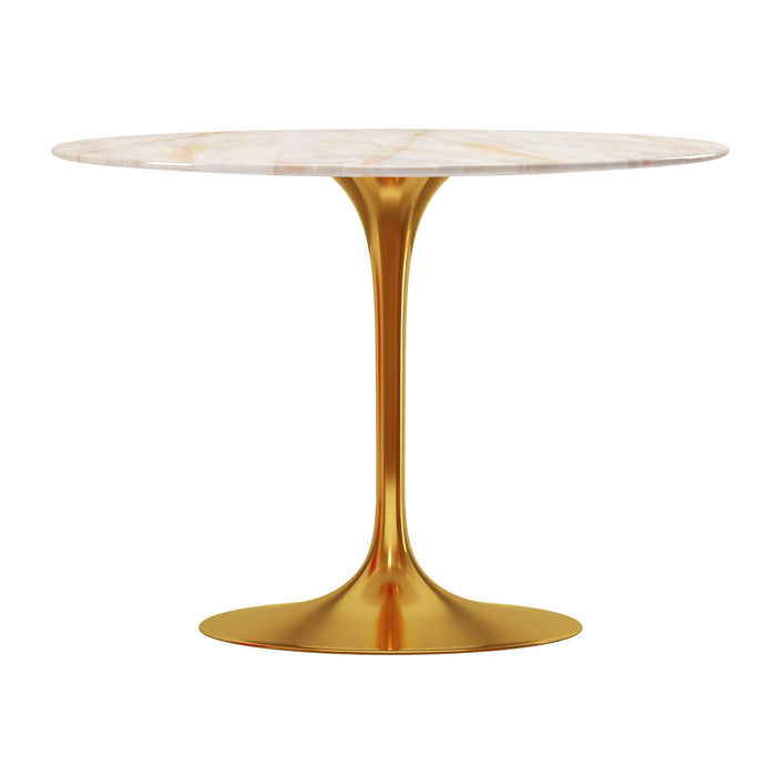 40" Rounded Stone And Metal Pedestal Base Dining Table - Gold