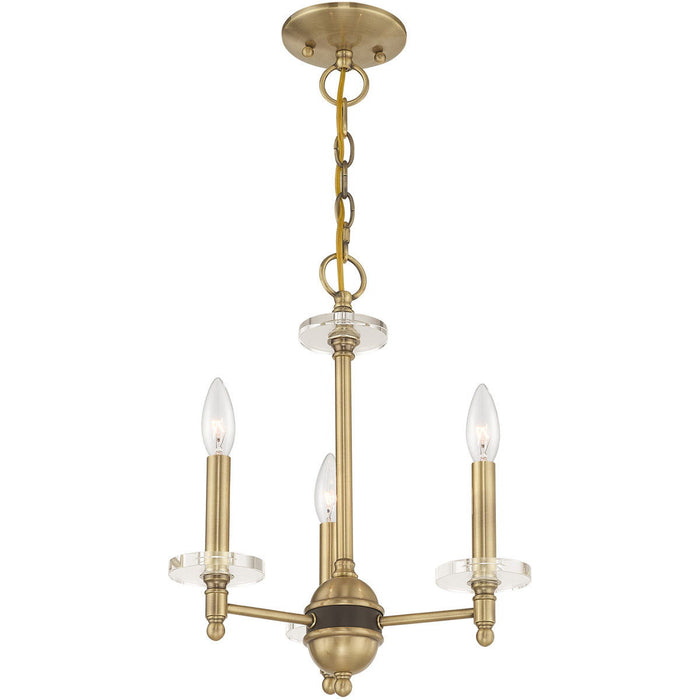 Three Light Metal Dimmable Chandelier With Shades - Antiqued Brass / Clear