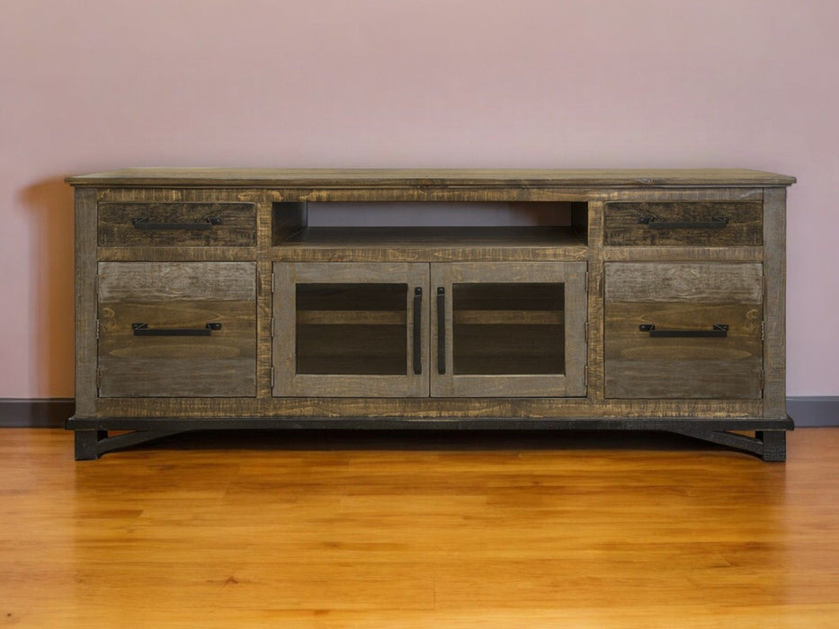 Distressed brown wood TV stand with enclosed storage, ideal for living room organization and entertainment setup.