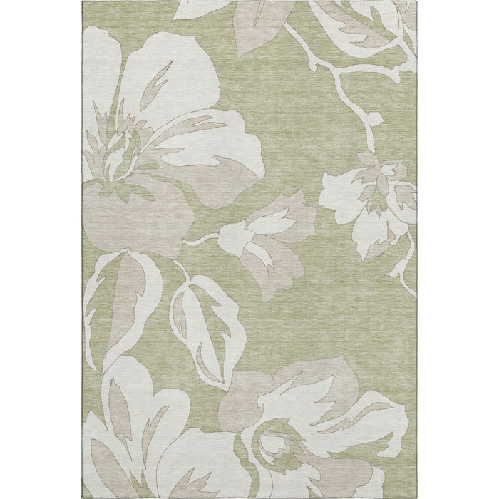 10' X 14' Floral Washable Area Rug With UV Protection (667963) - Artichoke Green / Ivory