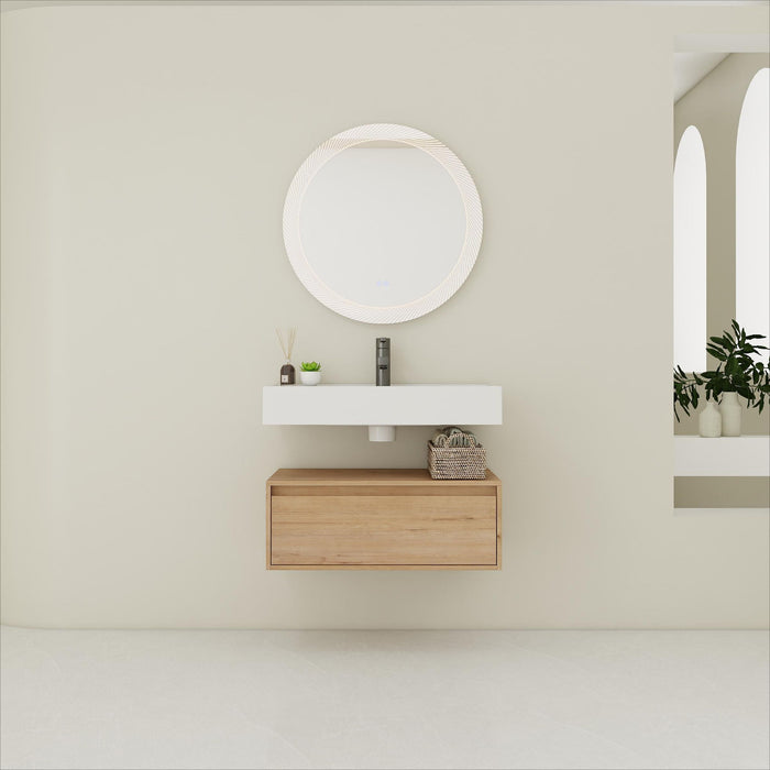 Giga wall-mounted bathroom vanity with resin sink, soft-close drawer, in imitative oak finish, modern and sleek bathroom furniture
