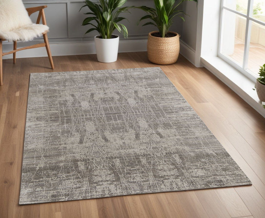 4' x 6' Abstract Hand Woven Worn Faded Area Rug - Gray And Silver