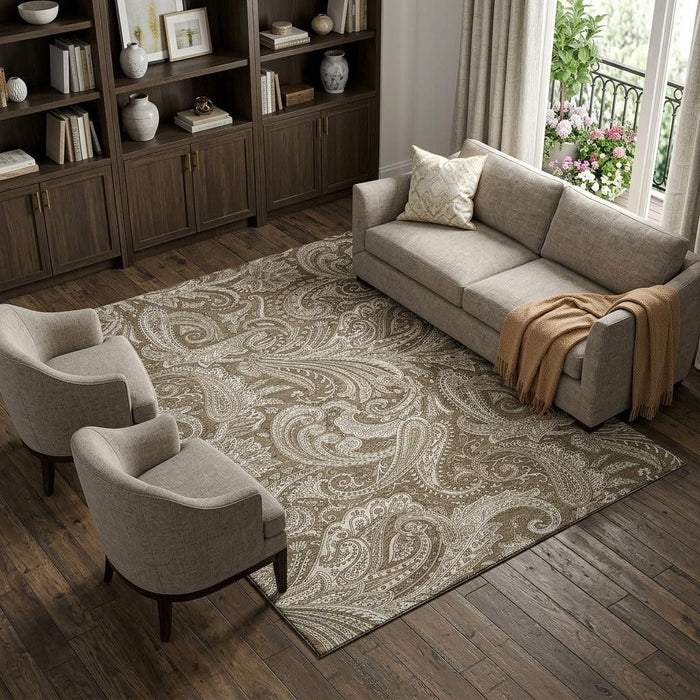 8' X 10' Paisley Washable Area Rug With UV Protection (654648) - Chocolate / Ivory