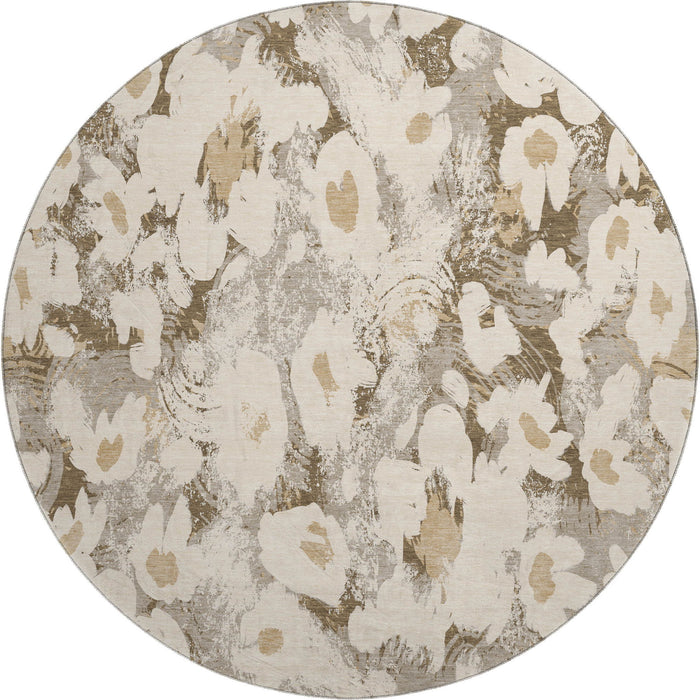 8' Floral Washable Round Rug With UV Protection (648169) - Khaki / Gray / Ivory