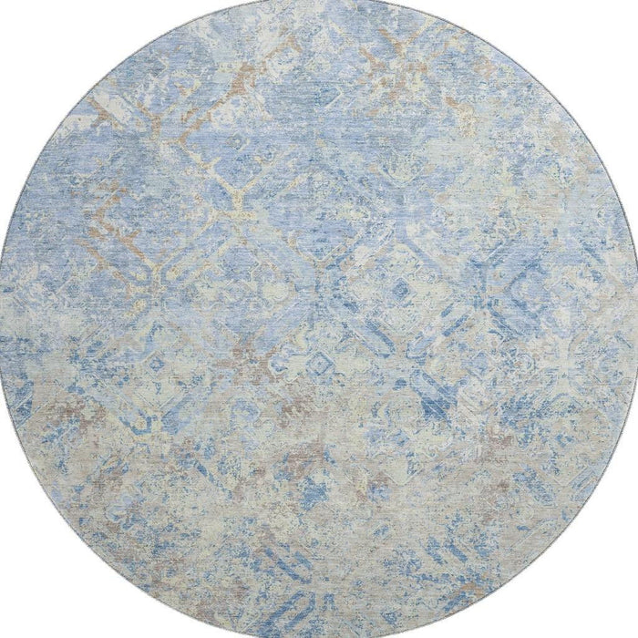 8' Diamond Washable Round Rug With UV Protection - Sky Blue