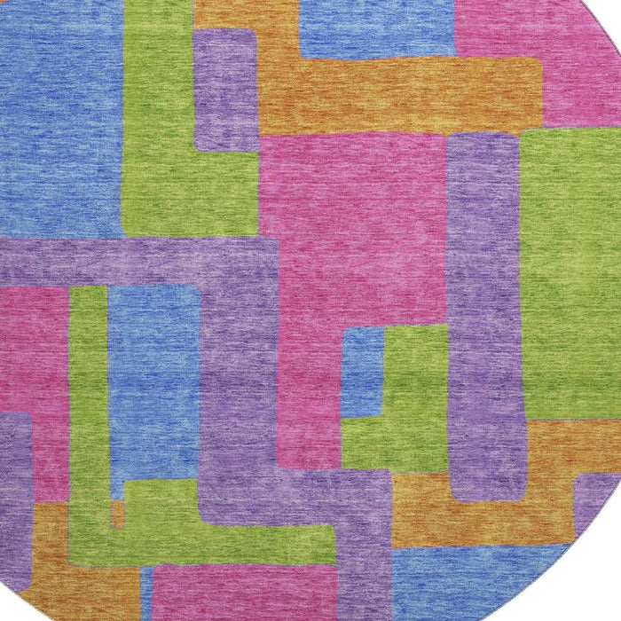 8' Abstract Geometric Washable Round Rug With UV Protection - Purple