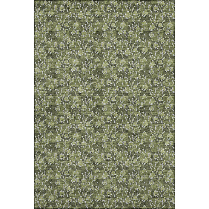 9' X 12' Floral Washable Area Rug With UV Protection (656459) - Olive Green / Ivory