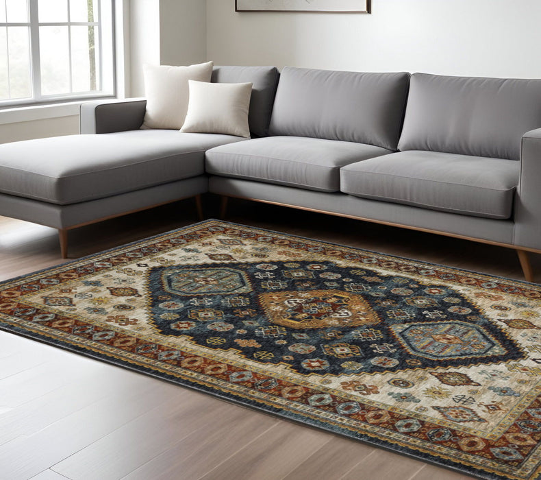 7.9' x 11.2' Oriental Power Loom Polyester Area Rug - Blue And Beige