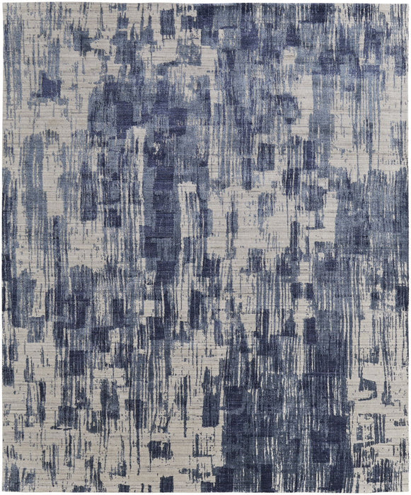 9' x 12' Abstract Hand Woven Worn Faded Area Rug - Blue And Ivory