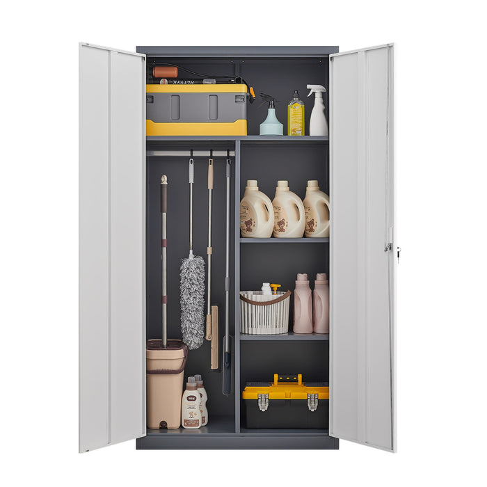 Gray Giga wardrobe with hanging rod, compartments, and lockable doors with keys, designed for bedroom storage.