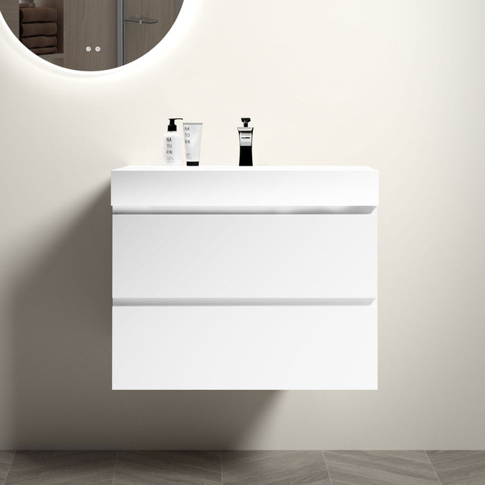 Giga Alice bathroom vanity with large storage, wall-mounted floating design, single-piece sink basin without drain or faucet.