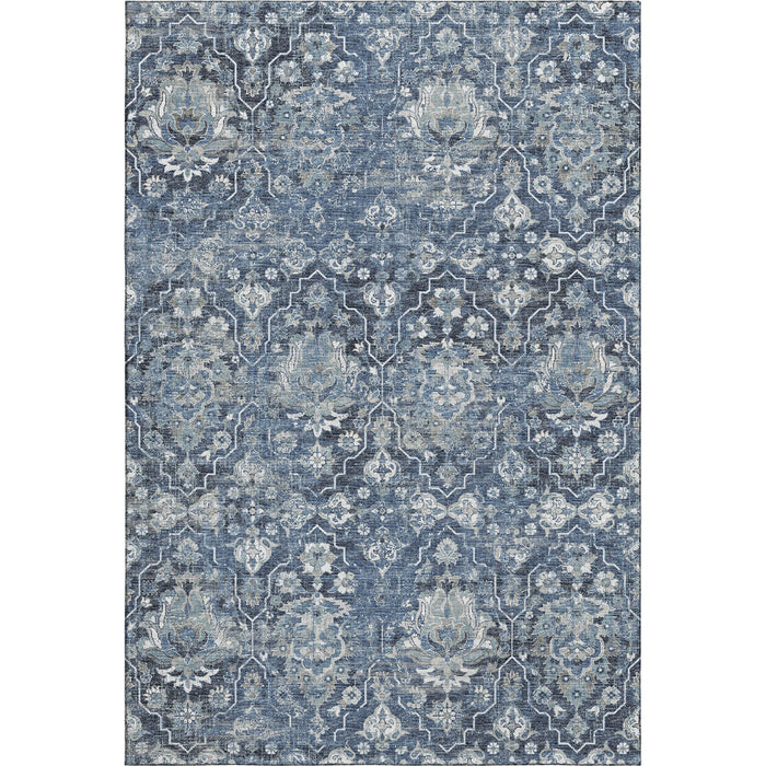 9' X 12' Floral Medallion Distressed Washable Area Rug With UV Protection (644567) - Blue / Ivory