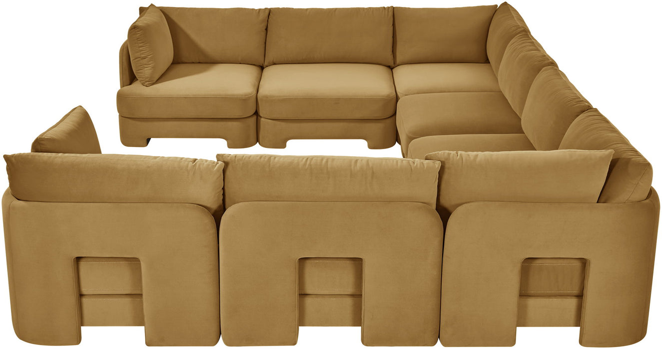 Meridian Furniture Hammond velvet performance fabric U-shaped sectional with eight stationary sofa pieces in a modern living room.