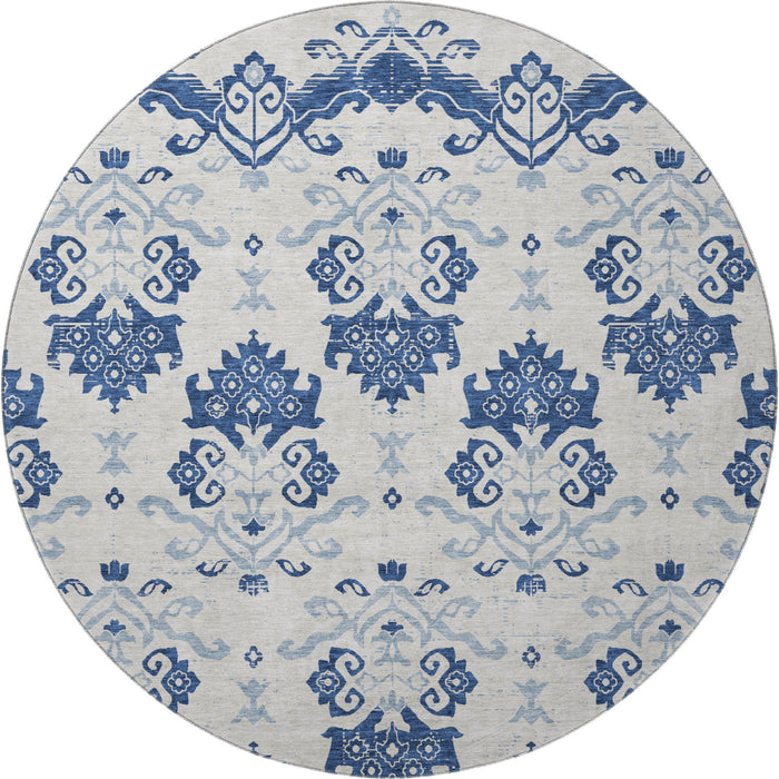 8' Medallion Washable Round Rug With UV Protection - Navy Blue And Ivory