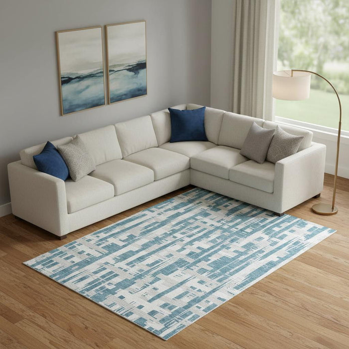 10' X 14' Striped Washable Area Rug With UV Protection (705713) - Teal / Ivory