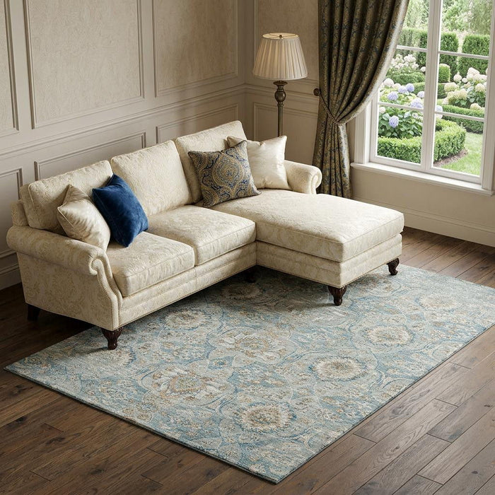 8' X 10' Floral Medallion Distressed Washable Area Rug With UV Protection (644584) - Persian Blue / Coffee / Ivory