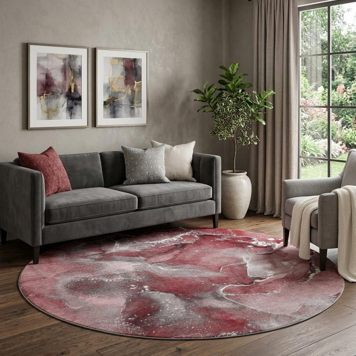 8' Abstract Washable Round Rug With UV Protection (647233) - Merlot / Ivory
