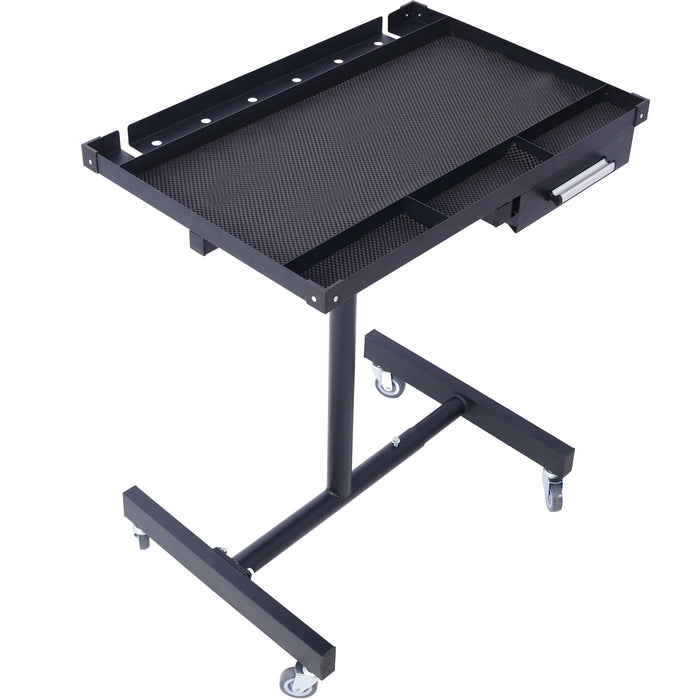 Giga adjustable tear down work table with drawer, heavy-duty steel, rubber corners, four swivel casters, suitable for garages and workshops.