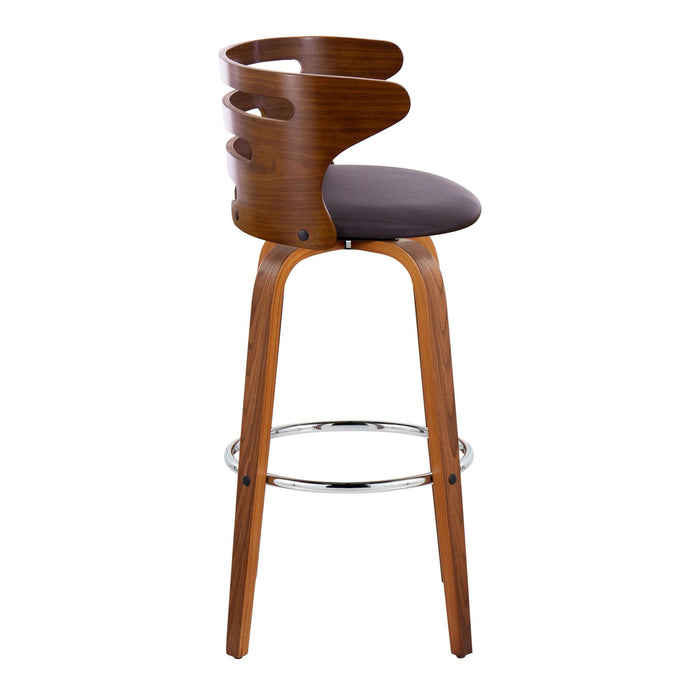 Cosi - 30" Fixed-Height Barstool With Swivel And Round Chrome Metal Footrest (Set of 2) - Walnut Wood And Brown Faux Leather