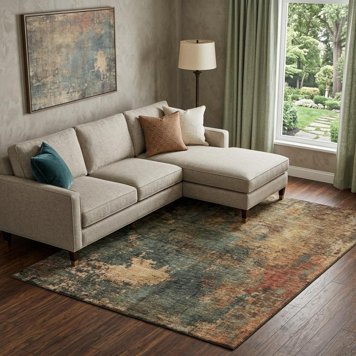10' X 14' Abstract Washable Area Rug With UV Protection (688395) - Sage / Copper / Gold