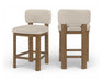 Pair of Meridian Furniture Paloma faux leather counter stools with brown frames, upholstered seats, and modern design.