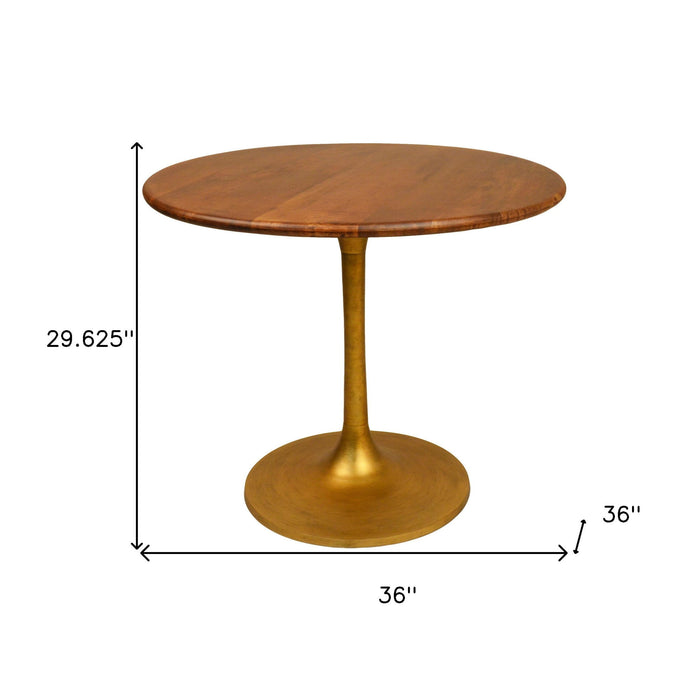 36" Rounded Solid Wood And Iron Pedestal Base Dining Room Table - Brown