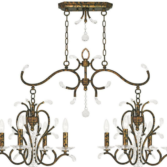 HomeRoots 29-inch bronze metal chandelier with eight clear shades and dimmable lighting, ideal for modern dining or living rooms.