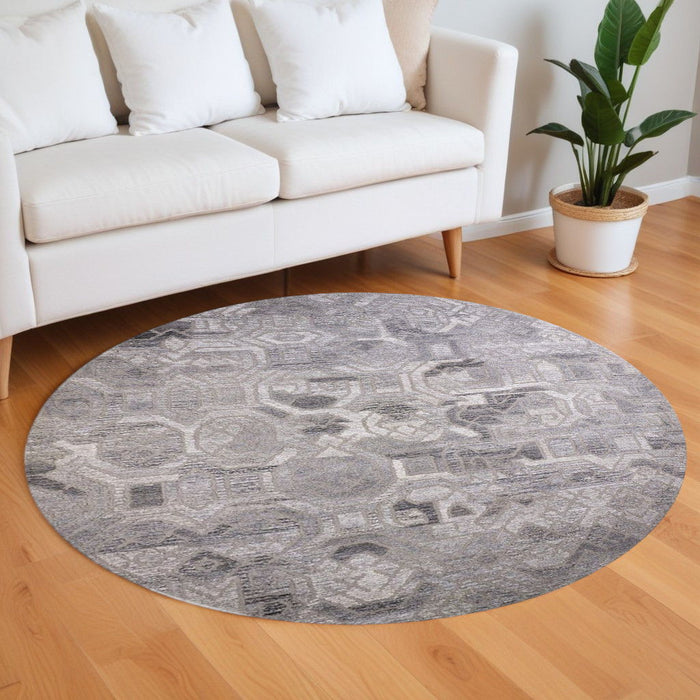 10' x 10' Round Wool Abstract Hand Tufted Area Rug - Gray And Ivory