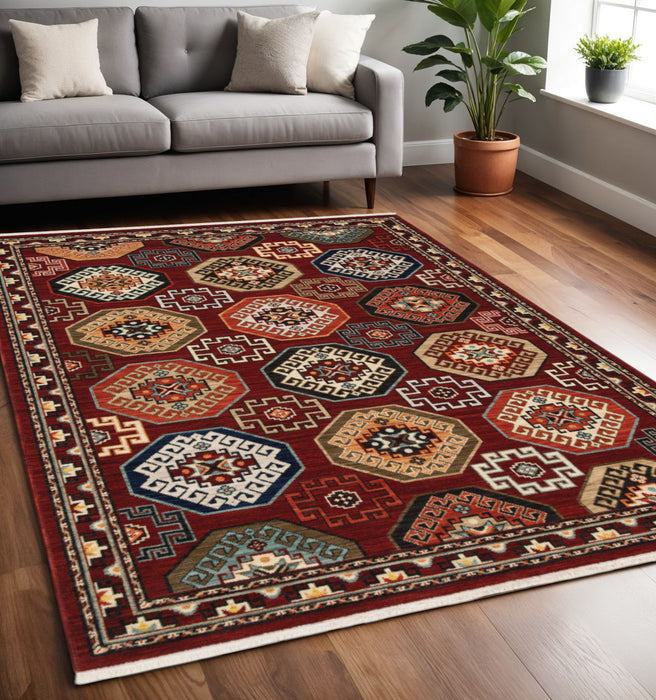 5' x 8' Oriental Power Loom Stain Resistant Area Rug With Fringe - Red Blue Brown And Beige