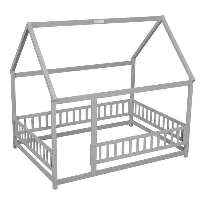 Giga wooden canopy bed with house roof frame and fence guardrails, featuring a cozy, elevated sleeping area with protective side rails.