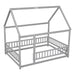 Giga wooden canopy bed with house roof frame and fence guardrails, featuring a cozy, elevated sleeping area with protective side rails.
