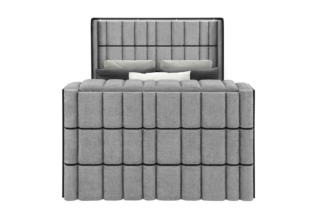 Isabella - Queen Upholstered Bed With LED, TV Lift, Bluetooth Speaker And Firpeplace Crystal - Gray