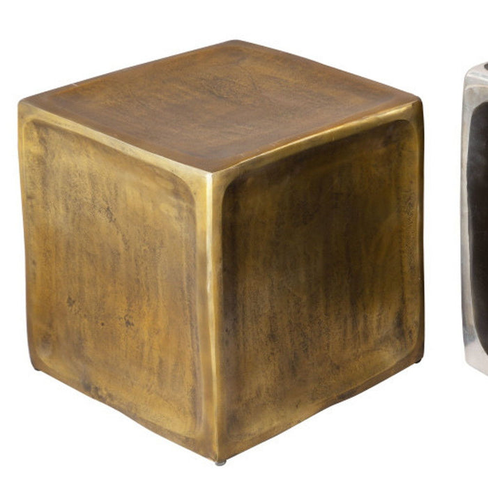 Set of two antiqued aluminum square end tables with brass finish, modern table sets by HomeRoots, showing textured surface and sturdy design.